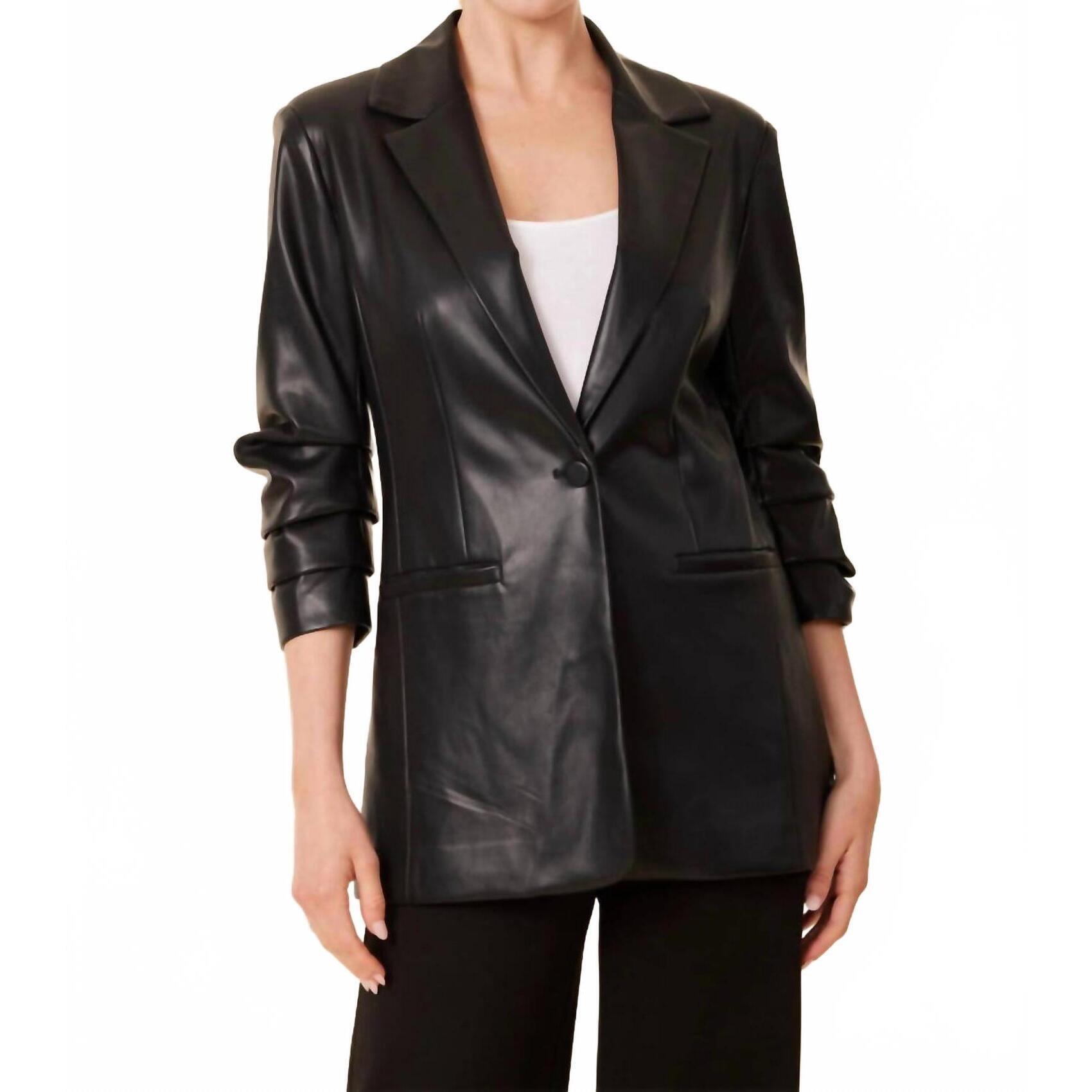 New Dolce Cabo Leather Ruched Sleeve Blazer In Black